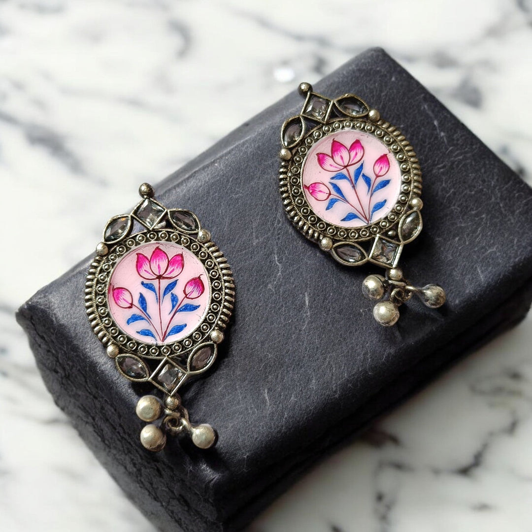 TIMELESS ELEGANCE AAPSI HAND PAINTED SILVER PLATED OXIDISED EARRINGS [product_variant]- TelaNaari