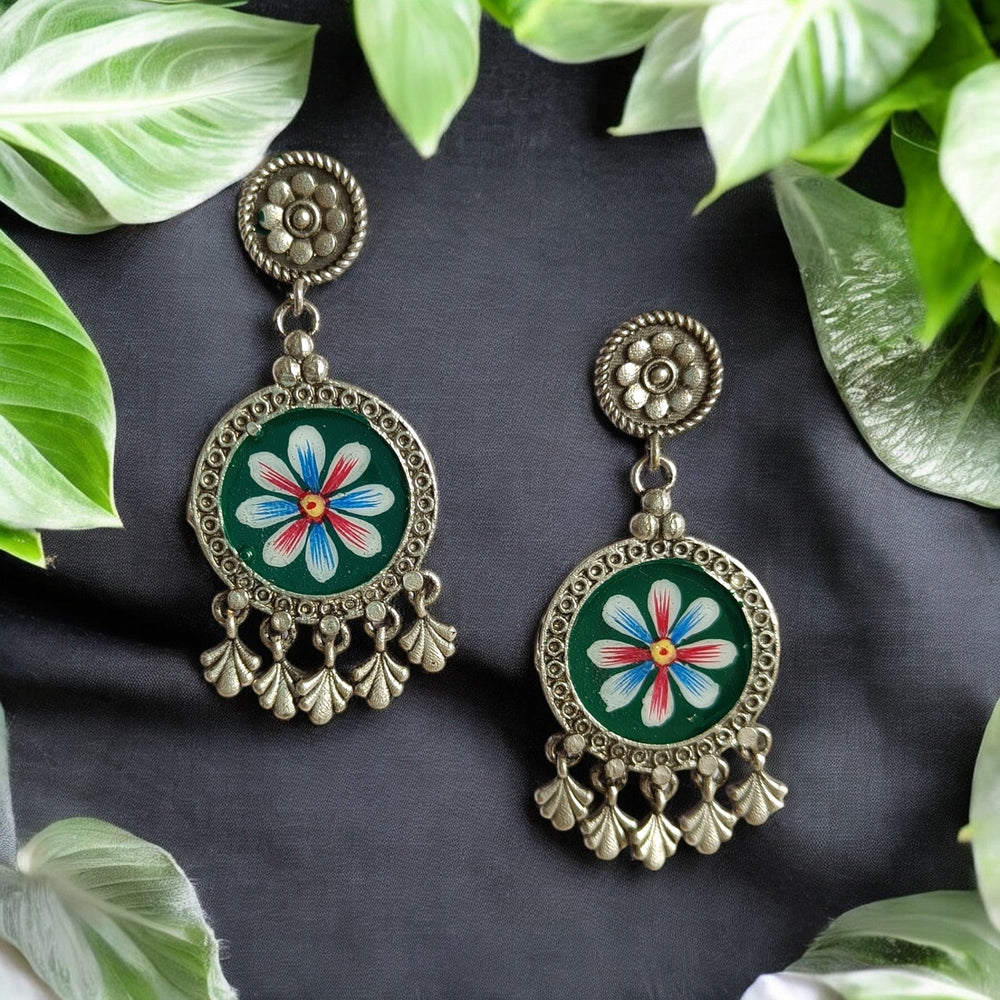 TIMELESS ELEGANCE AARA HAND PAINTED SILVER PLATED OXIDISED EARRINGS