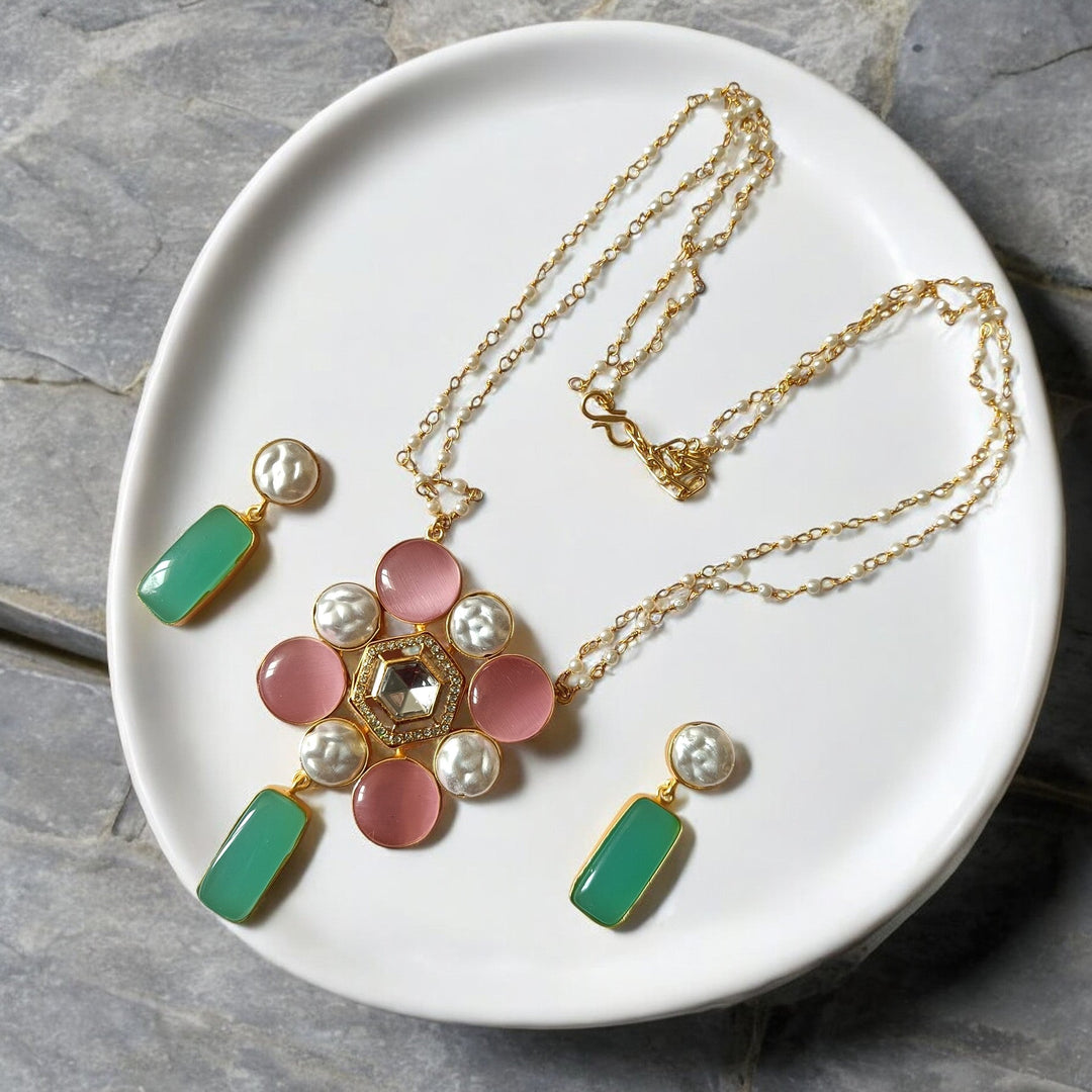 TIMELESS ELEGANCE AARADHITA PINK AND SEA GREEN BAROQUE GOLD PLATED NECKLACE SET [product_variant]- TelaNaari