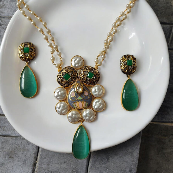 TIMELESS ELEGANCE AARANYA SEA GREEN BAROQUE GOLD PLATED NECKLACE SET [product_variant]- TelaNaari