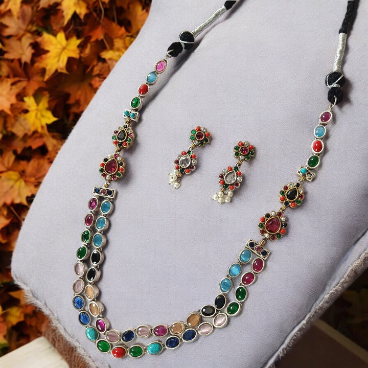 TIMELESS ELEGANCE AARATI DUAL TONE LONG MULTICOLOR SILVER PLATED NECKLACE SET [product_variant]- TelaNaari