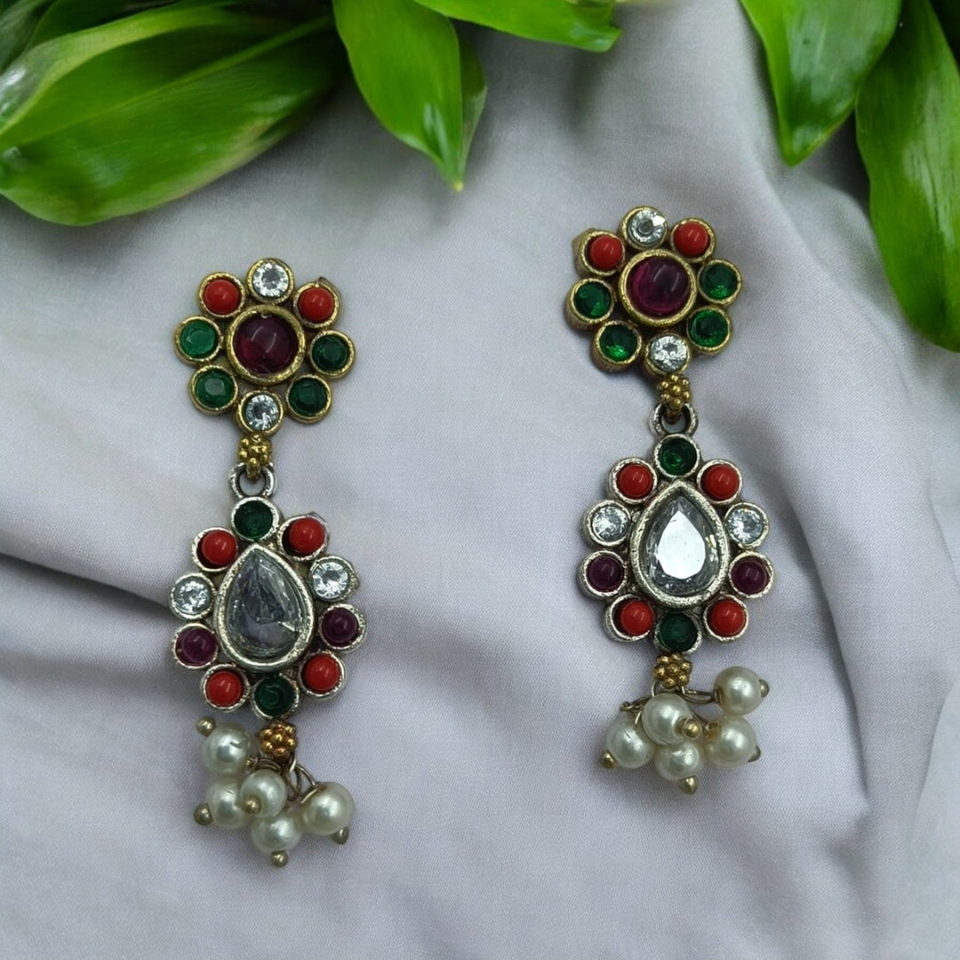 TIMELESS ELEGANCE AARATI DUAL TONE LONG MULTICOLOR SILVER PLATED NECKLACE SET [product_variant]- TelaNaari